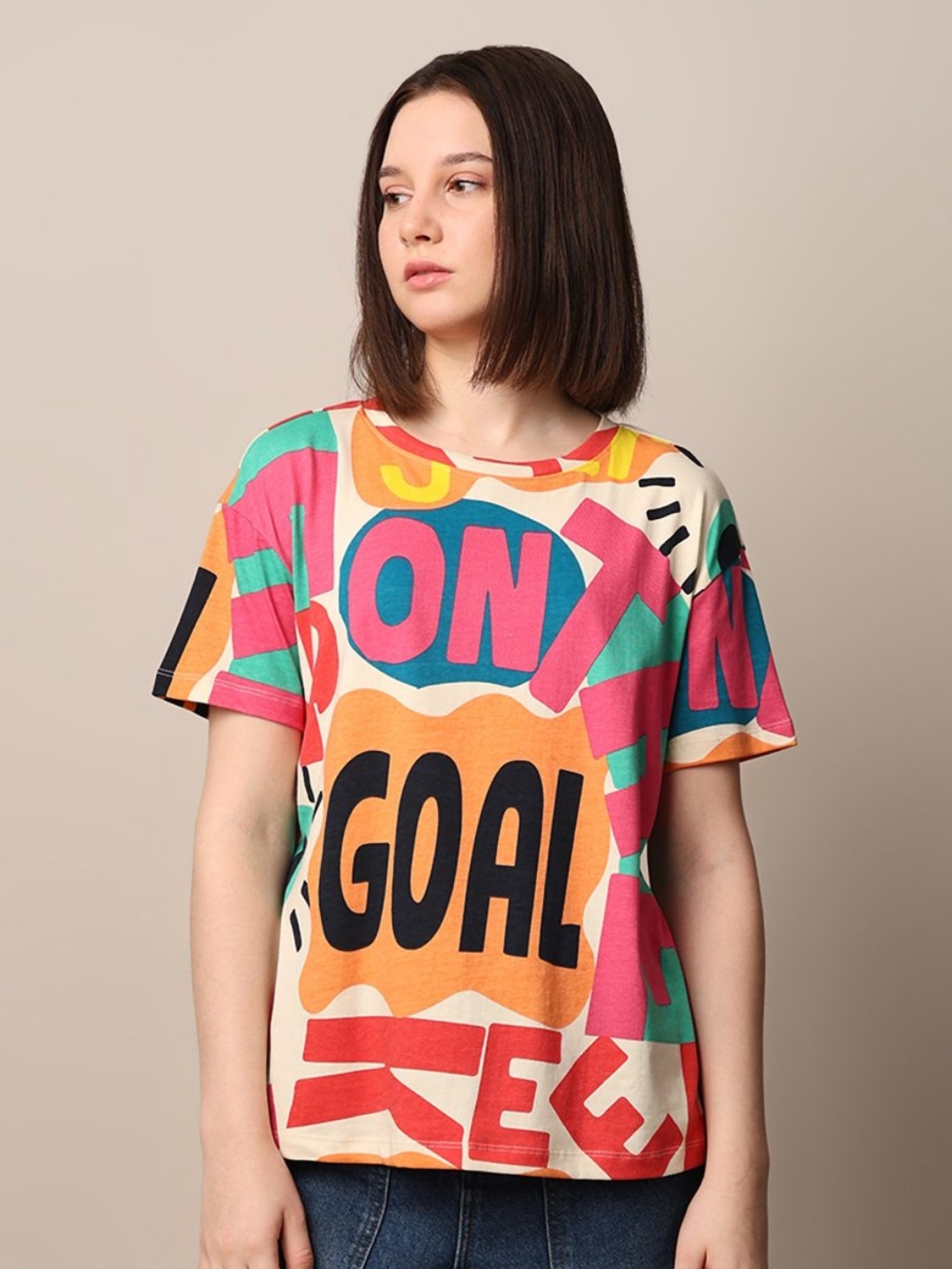 

ONLY Women Typography Printed Round Neck Cotton T-shirt, White