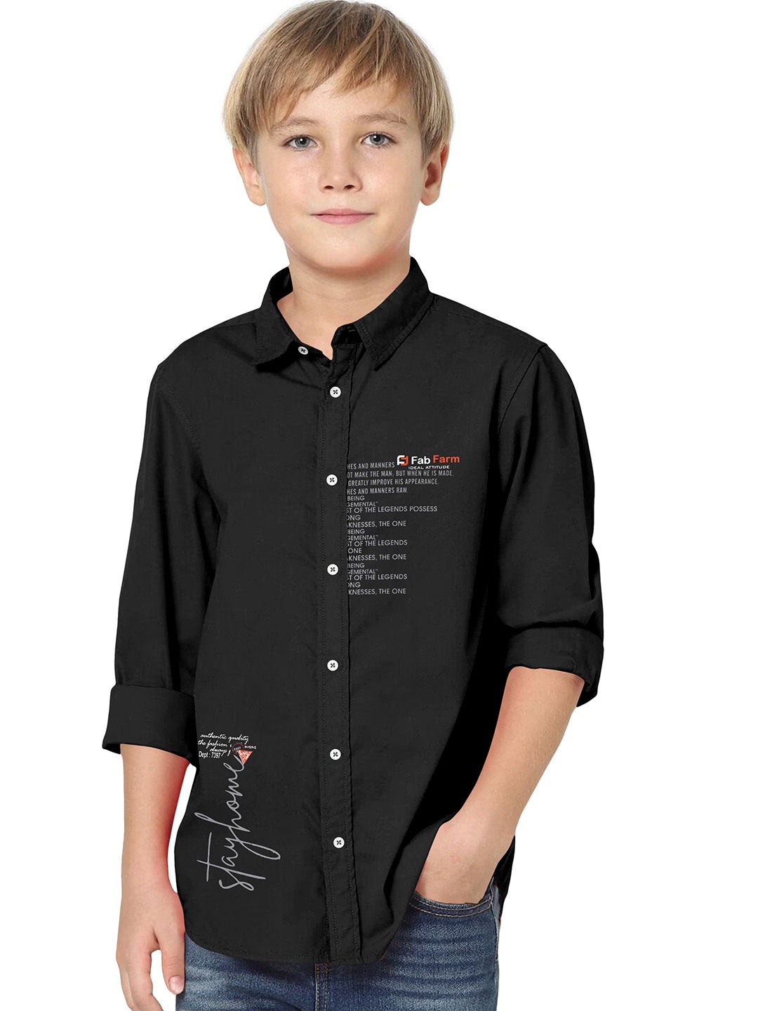 

FABFARM Boys Comfort Spread Collar Typography Printed Cotton Casual Shirt, Black