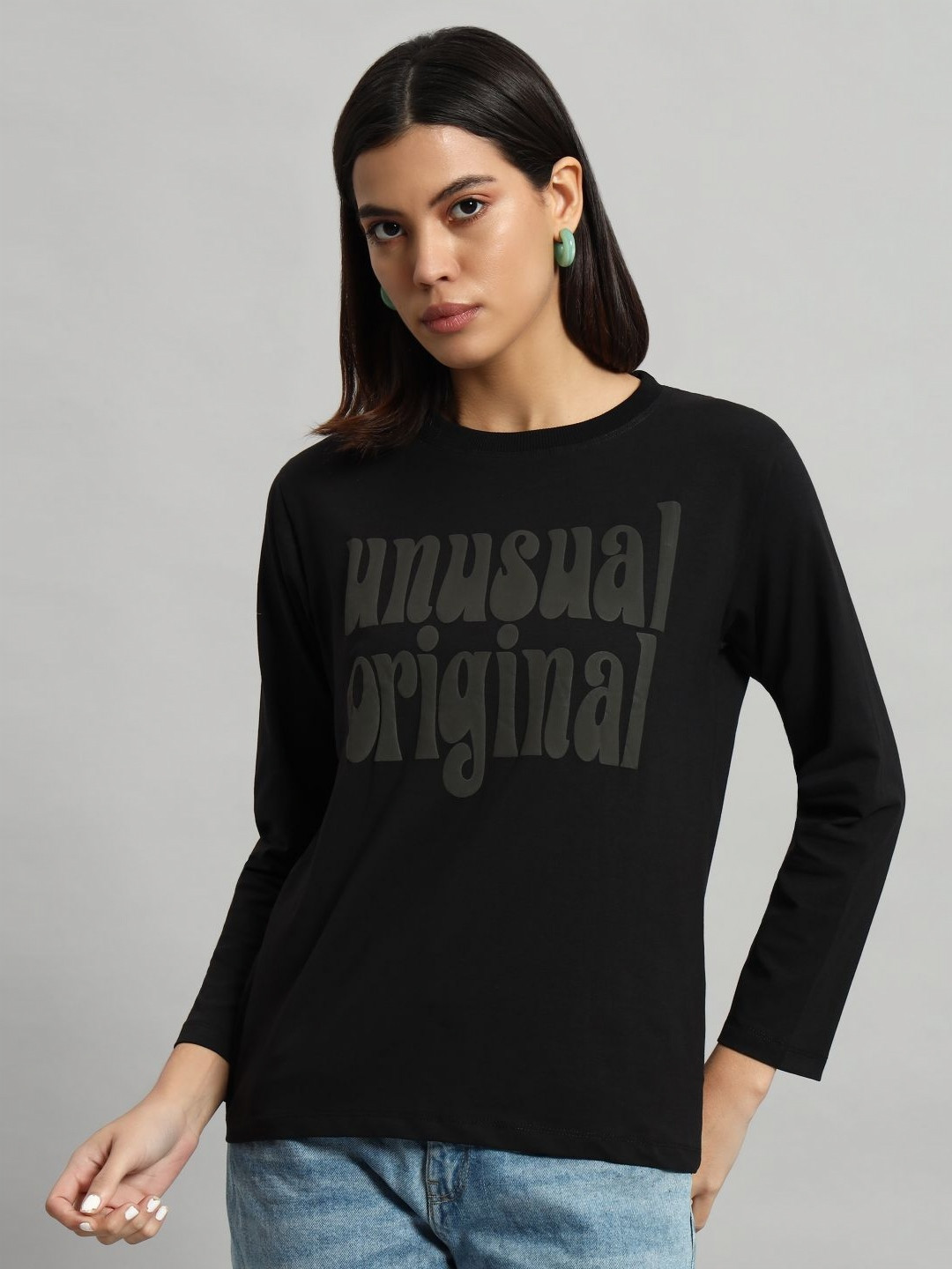 

AECK Women Typography Printed Round Neck Cotton T-shirt, Black