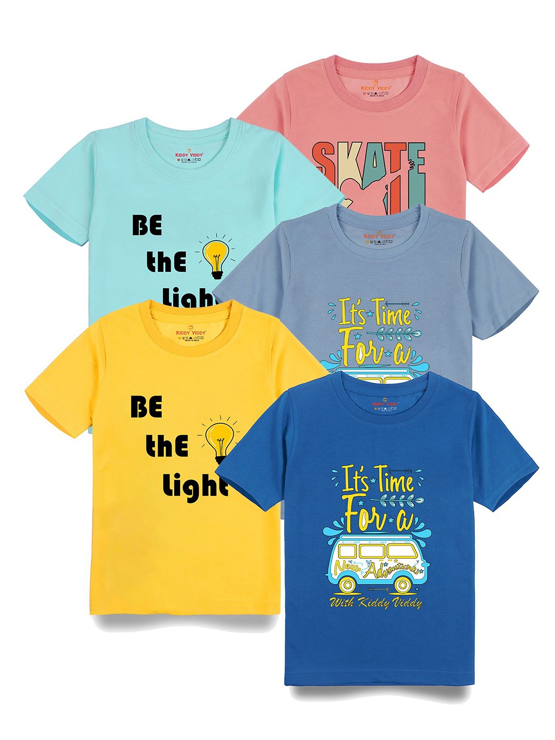

AUSK Boys Pack Of 5 Graphic Printed Round Neck Cotton T-shirts, Yellow