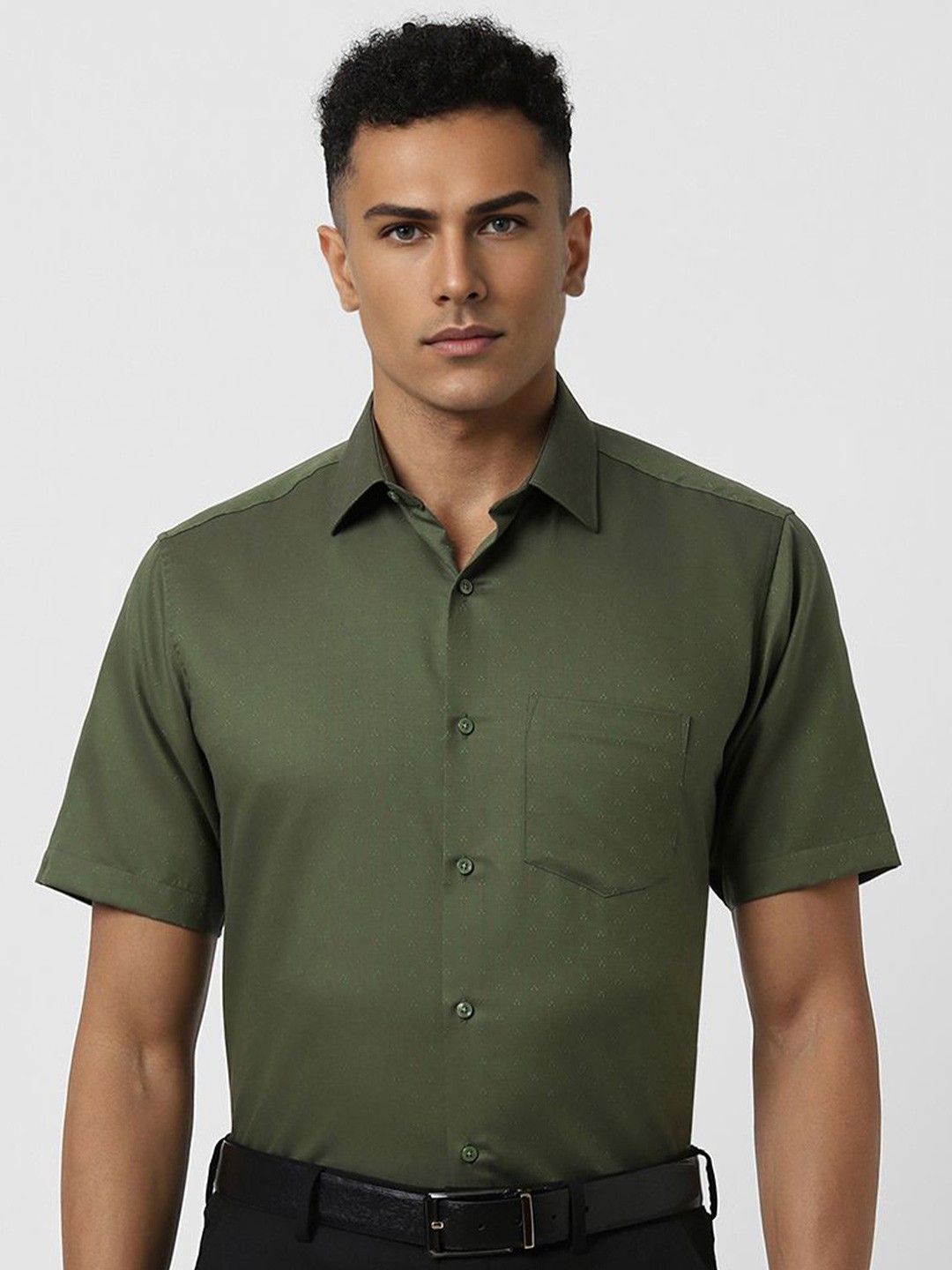 

Van Heusen Men Spread Collar Micro Ditsy Printed Cotton Slim Fit Formal Shirt, Olive