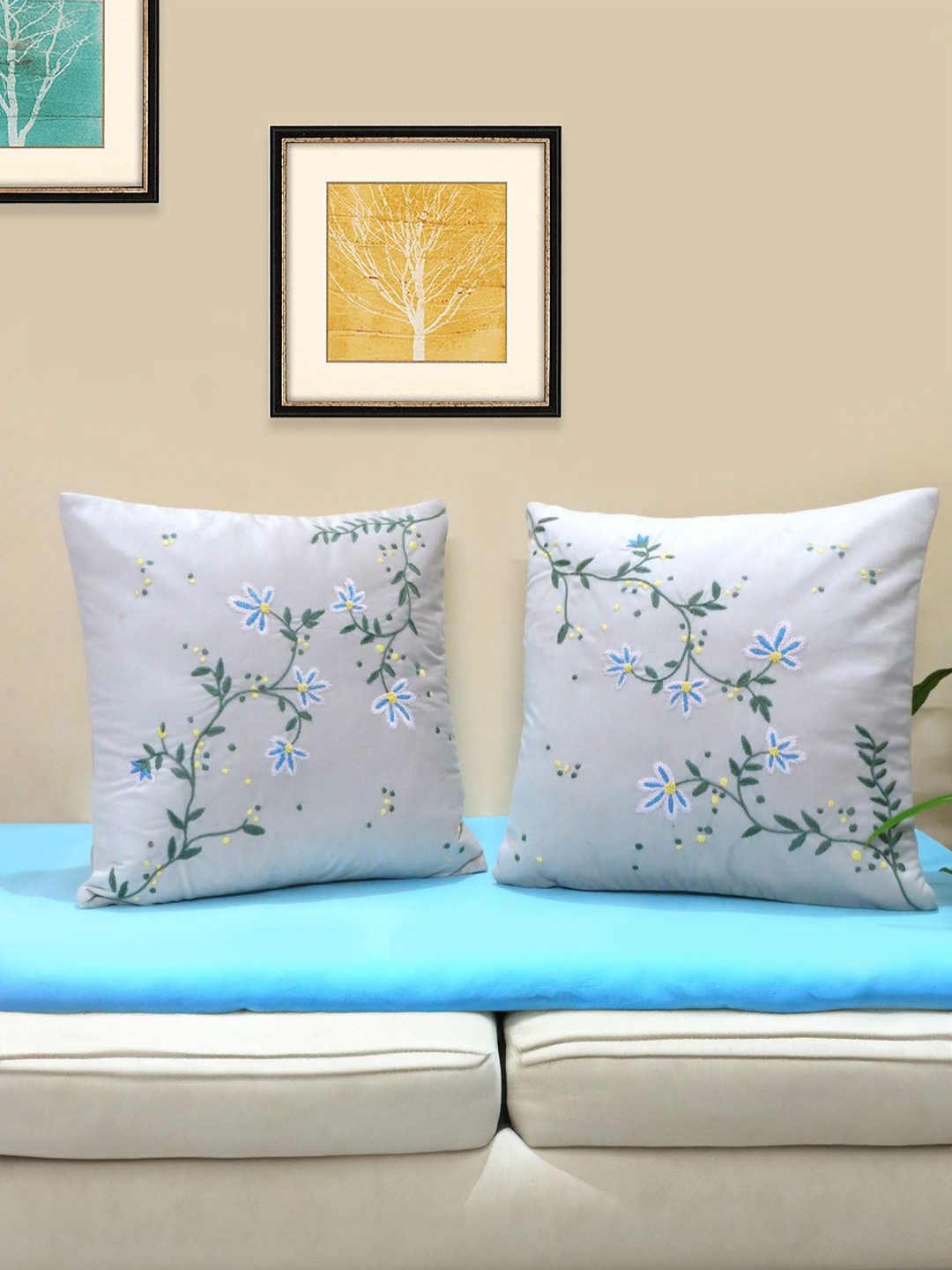 

Mid July Home Off White & Blue 2 Pieces Floral Velvet Square Cushion Covers