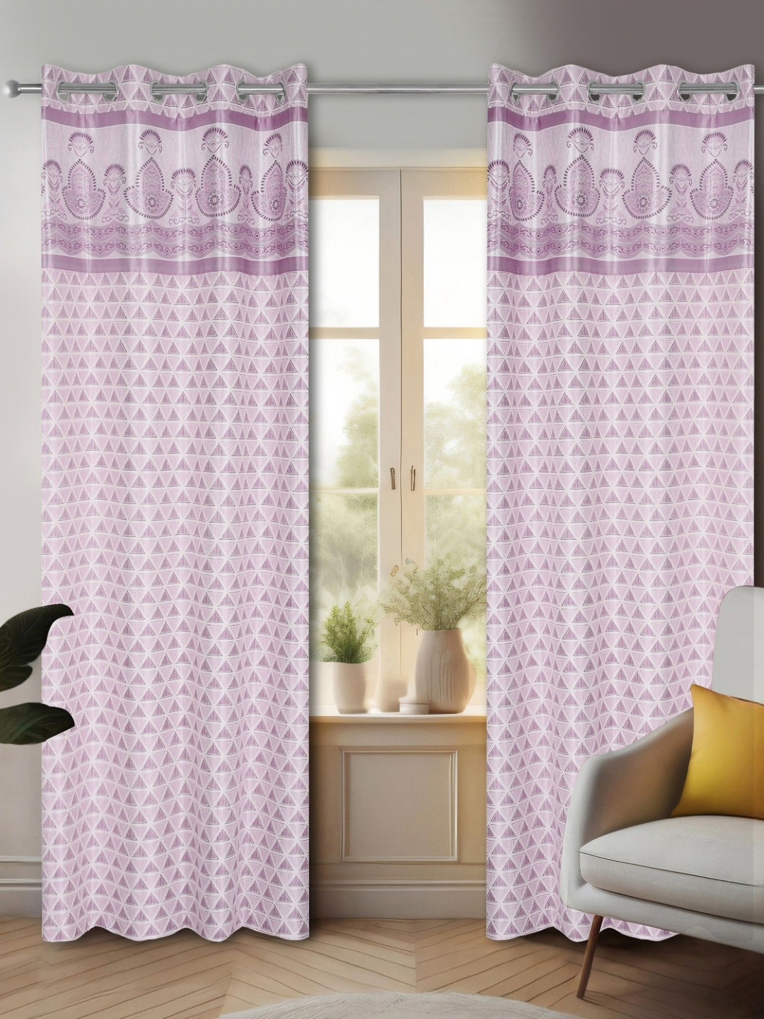 

REYANSH DECOR Purple & White 2 Pieces Floral Room Darkening Window Curtains
