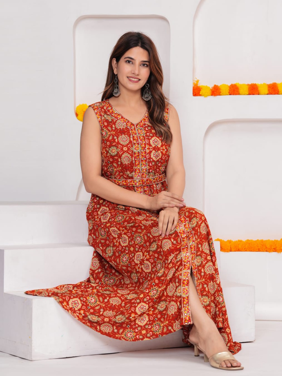 

PARUCREATION Women Ethnic Printed A-Line Ethnic Dress, Orange