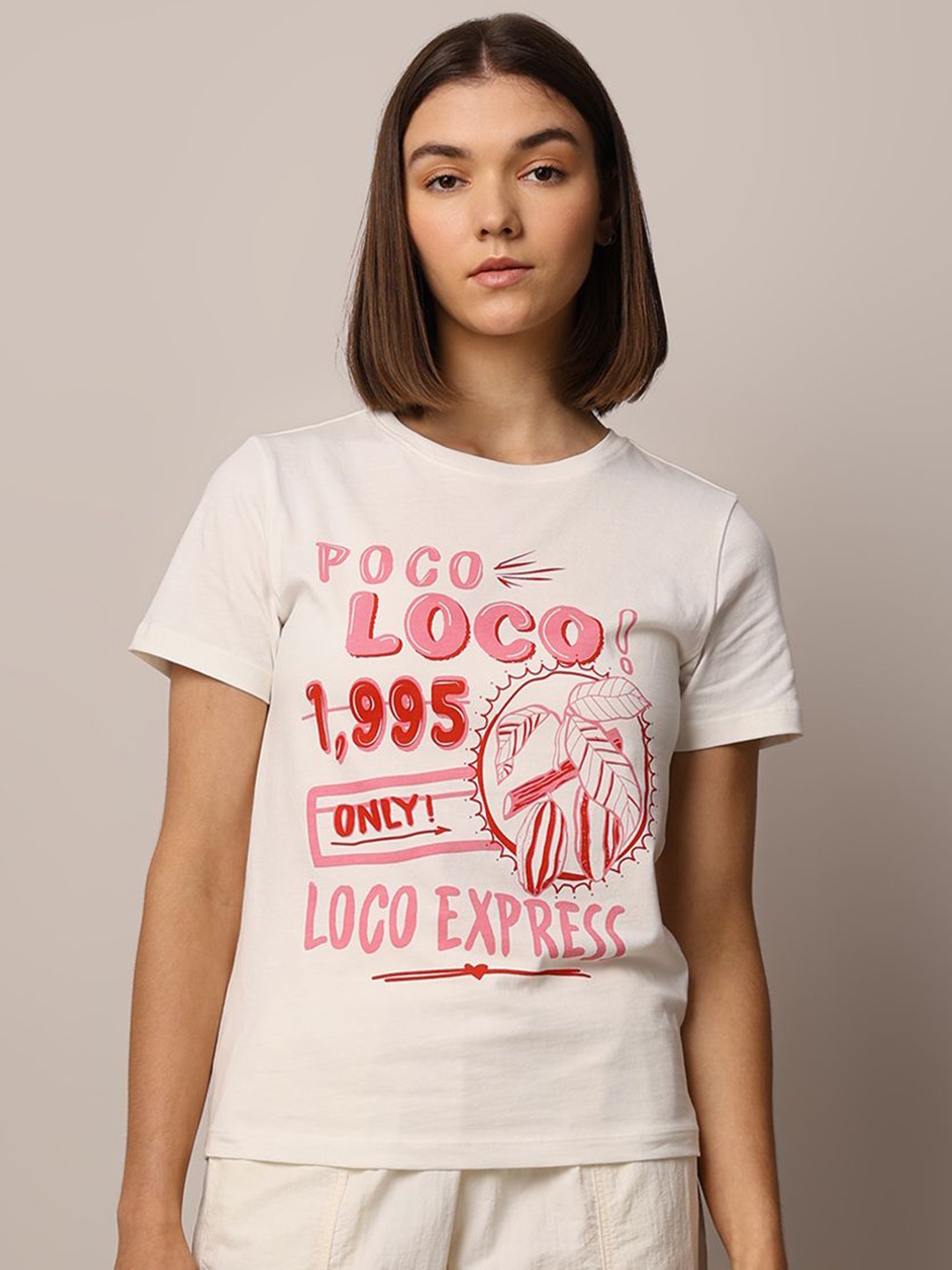 

ONLY Women Typography Printed Round Neck Cotton T-shirt, White