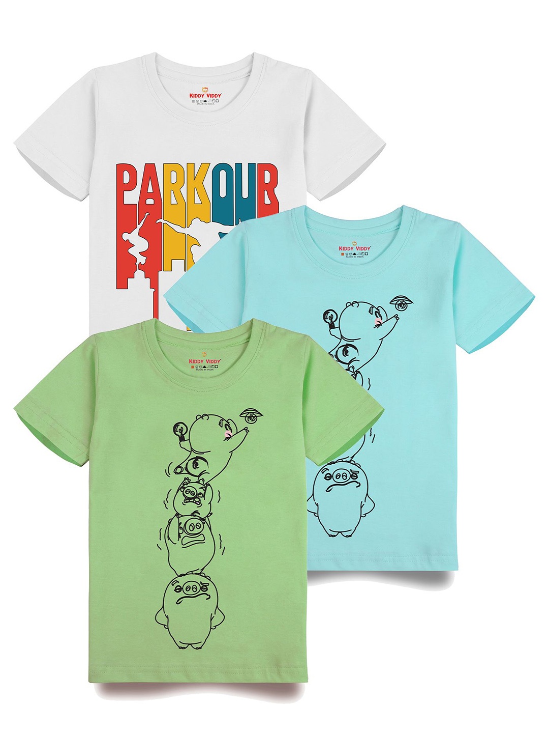 

AUSK Boys Pack Of 3 Graphic Printed Round Neck Cotton T-shirts, Lime green