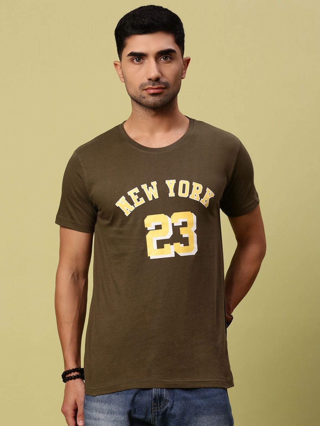 

Urban Dog Men Typography Printed Round Neck Cotton T-shirt, Olive