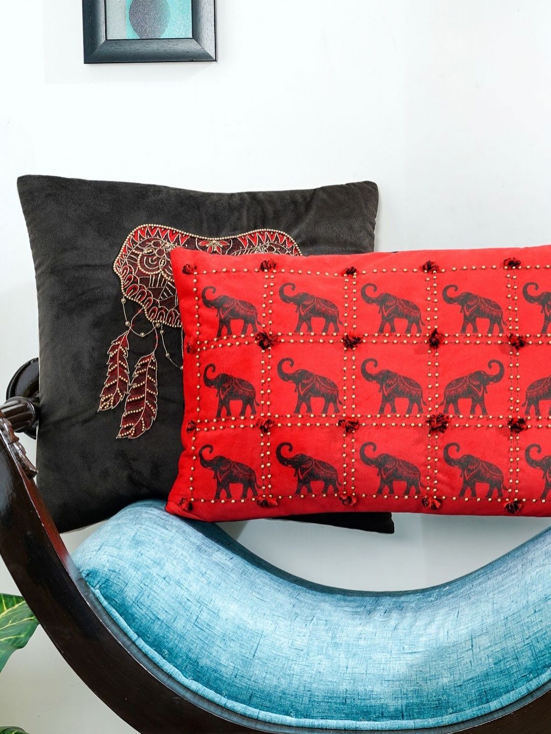 

Mid July Home Black & Red 2 Pieces Ethnic Motifs Velvet Square Cushion Covers
