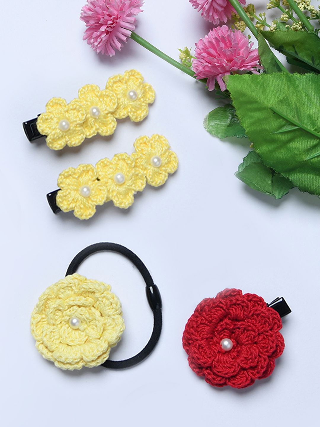 

FUNKRAFTS Girls Set of 4 Embellished Floral Crochet Alligator Hair Clips, Yellow