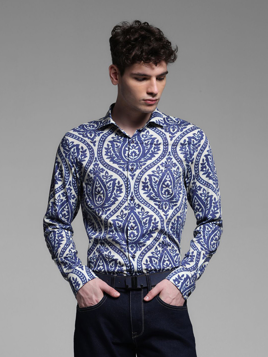 

Jack & Jones Men Spread Collar Ethnic Motifs Printed Cotton Slim Fit Casual Shirt, Blue