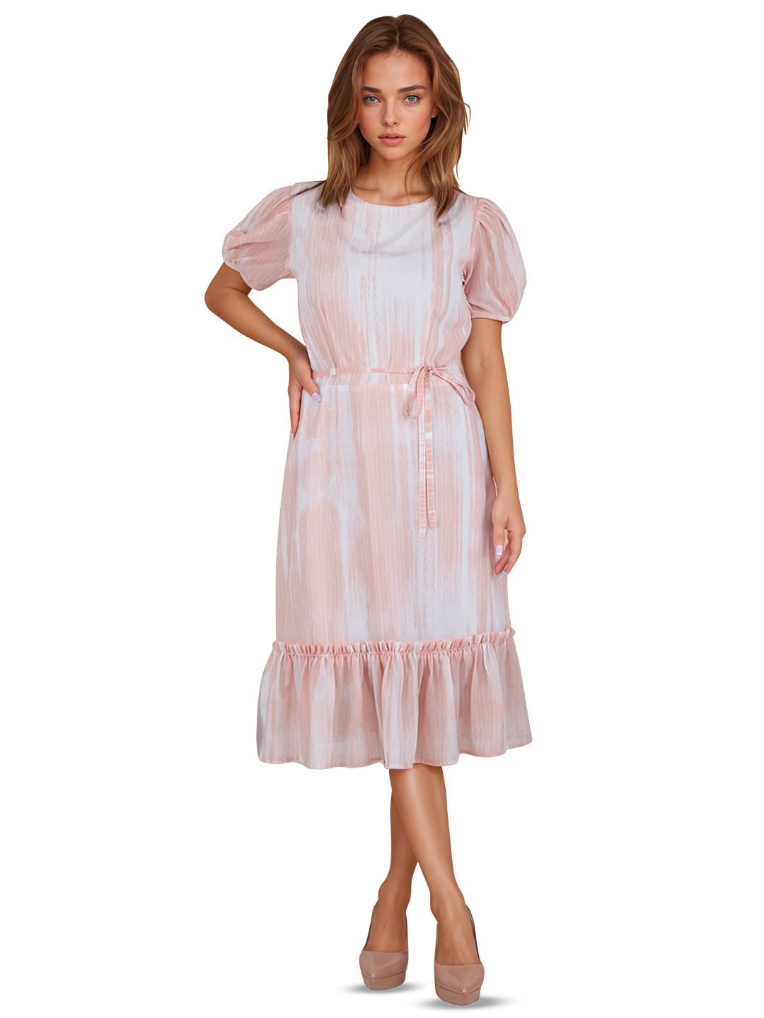 

Bunny Corset Printed Puff Sleeve A-Line Midi Dress, Peach