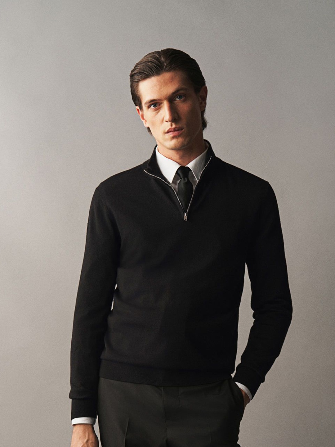 

H&M Slim Fit Zip-Top Merino Wool Jumper, Black