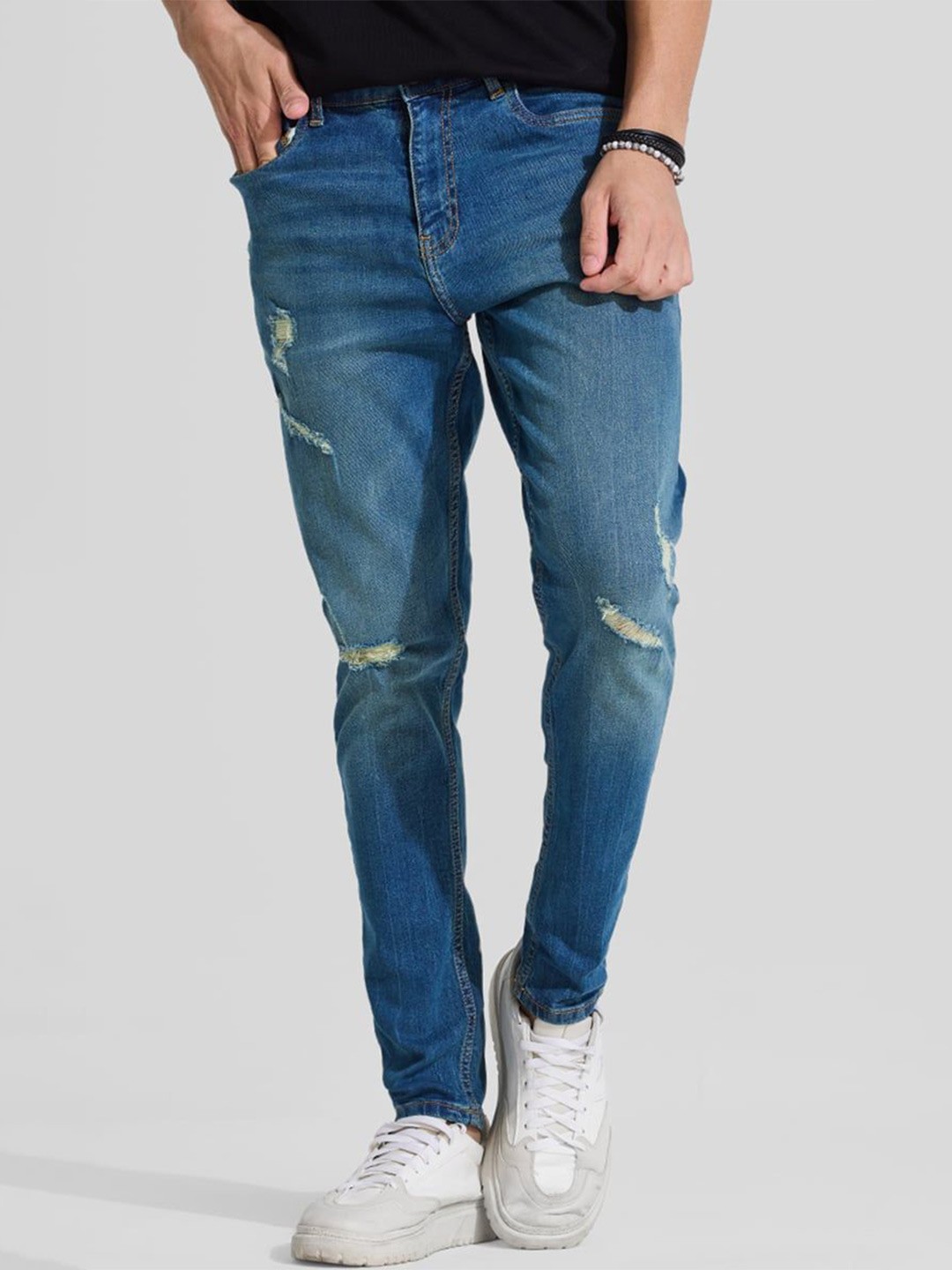 

Snitch Men Narrow Skinny Fit Mildly Distressed Light Fade Stretchable Jeans, Blue