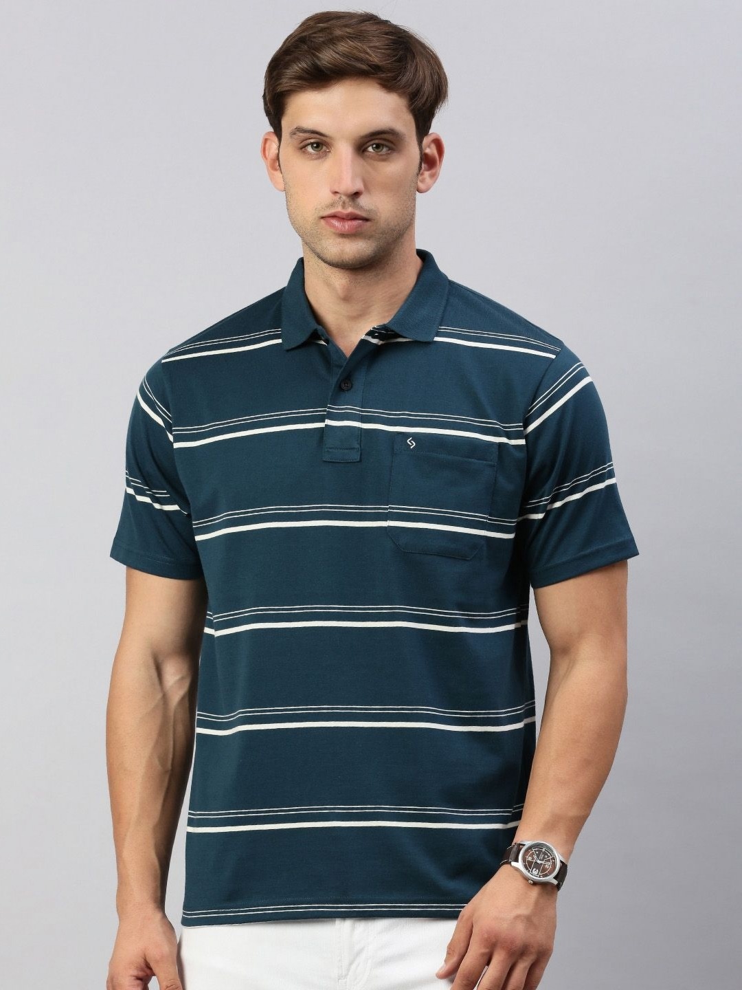 

Classic Polo Men Striped Polo Collar Cotton T-shirt, Teal