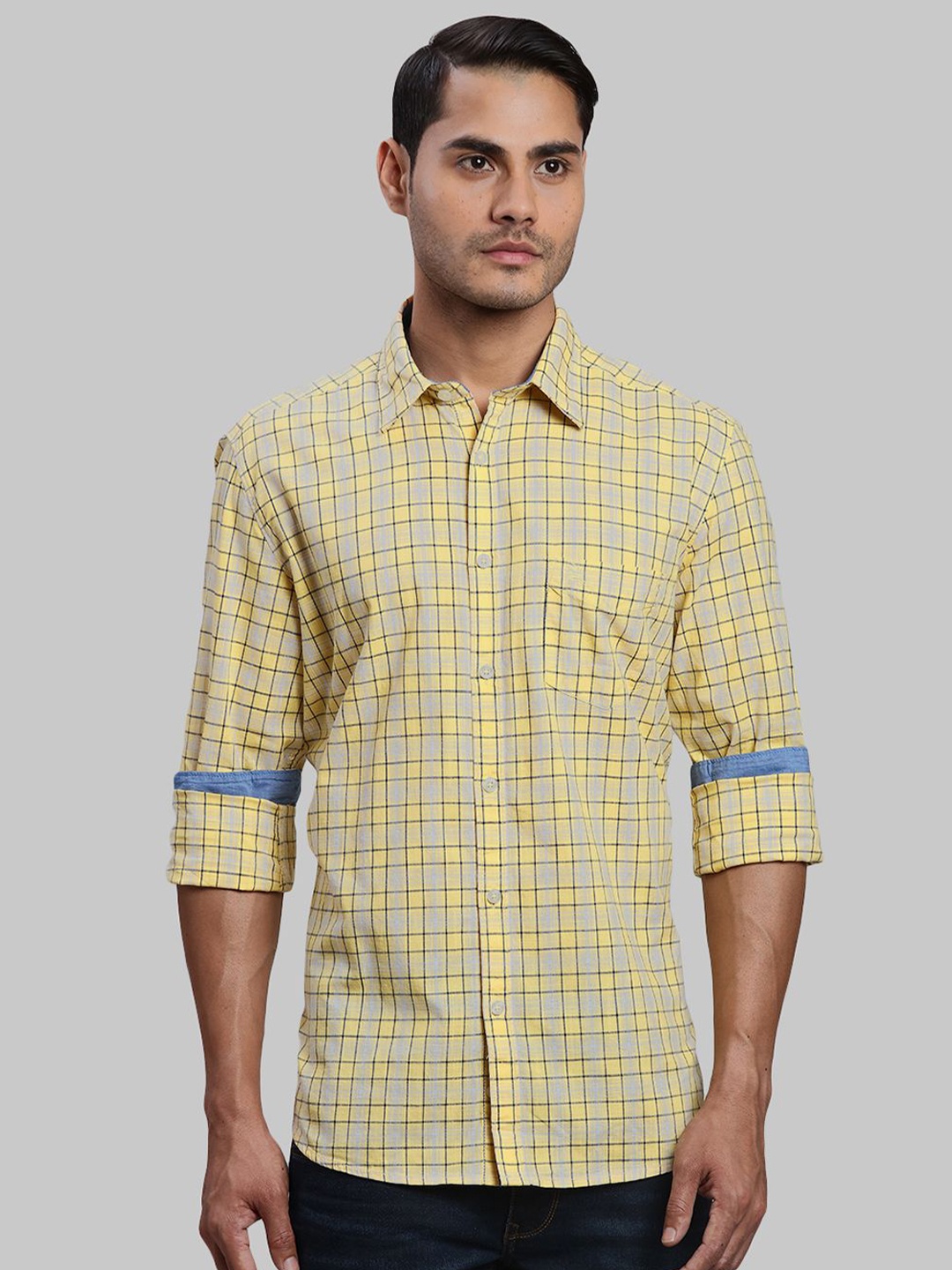

Parx Men Cutaway Collar Checked Cotton Slim Fit Casual Shirt, Yellow