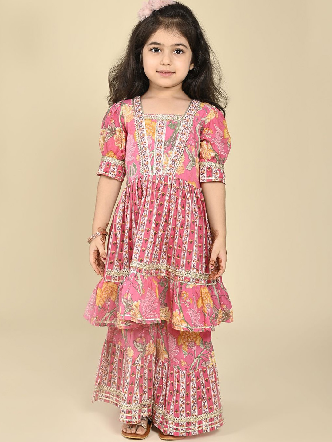 

LIL PITAARA Girls Floral Printed Pure Cotton Anarkali Kurta with Sharara, Pink