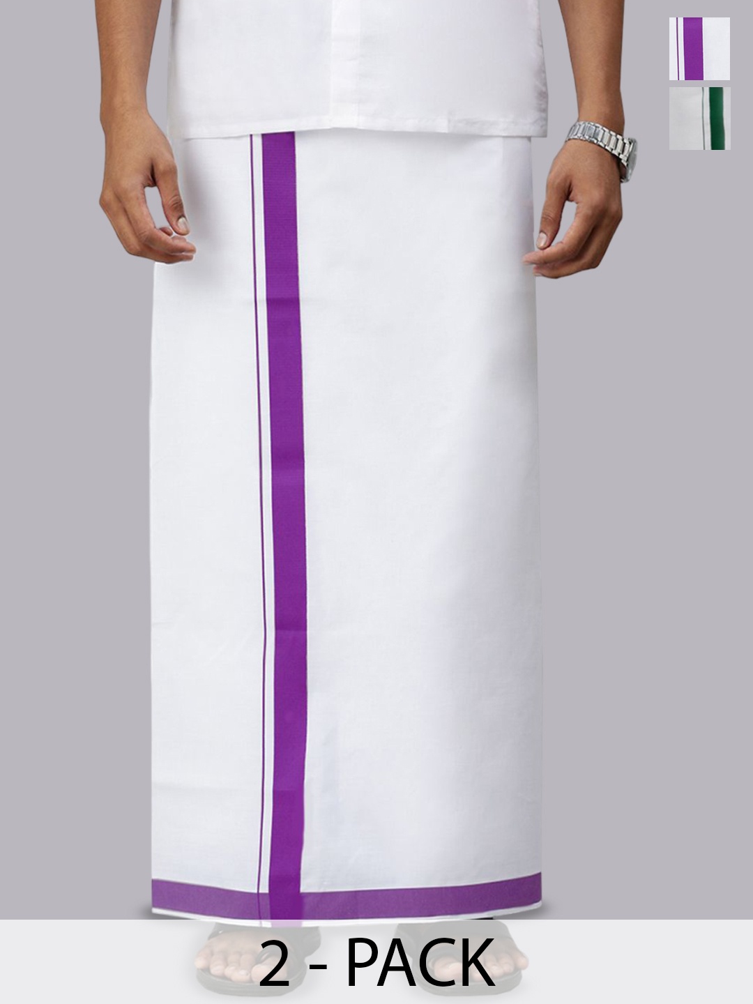 

Ramraj Men Cotton Pack Of 2 Solid Dhotis with Border, White