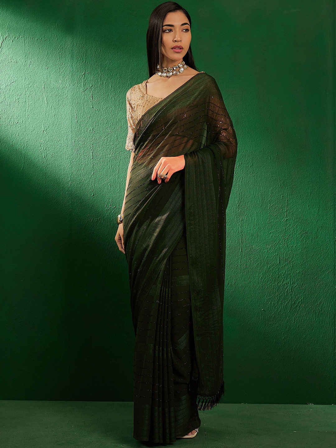 

Maroosh Striped Sequinned Banarasi Saree, Green