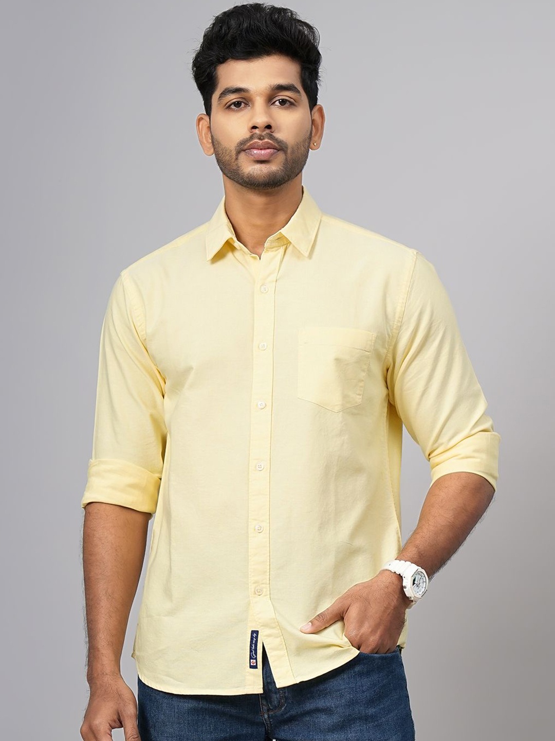 

Greenfibre Men Spread Collar Solid Cotton Slim Fit Casual Shirt, Yellow