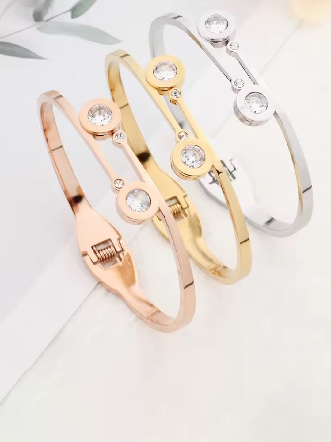 

WATCHSTAR Silver-Plated Stainless Steel Crystals Studded Bangle-Style Bracelet