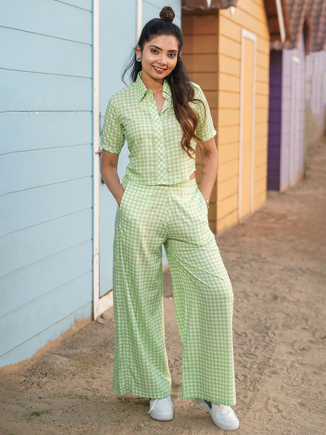 

GO BOUJEE Women Checked Shirt & Trousers Co-Ords Set, Green