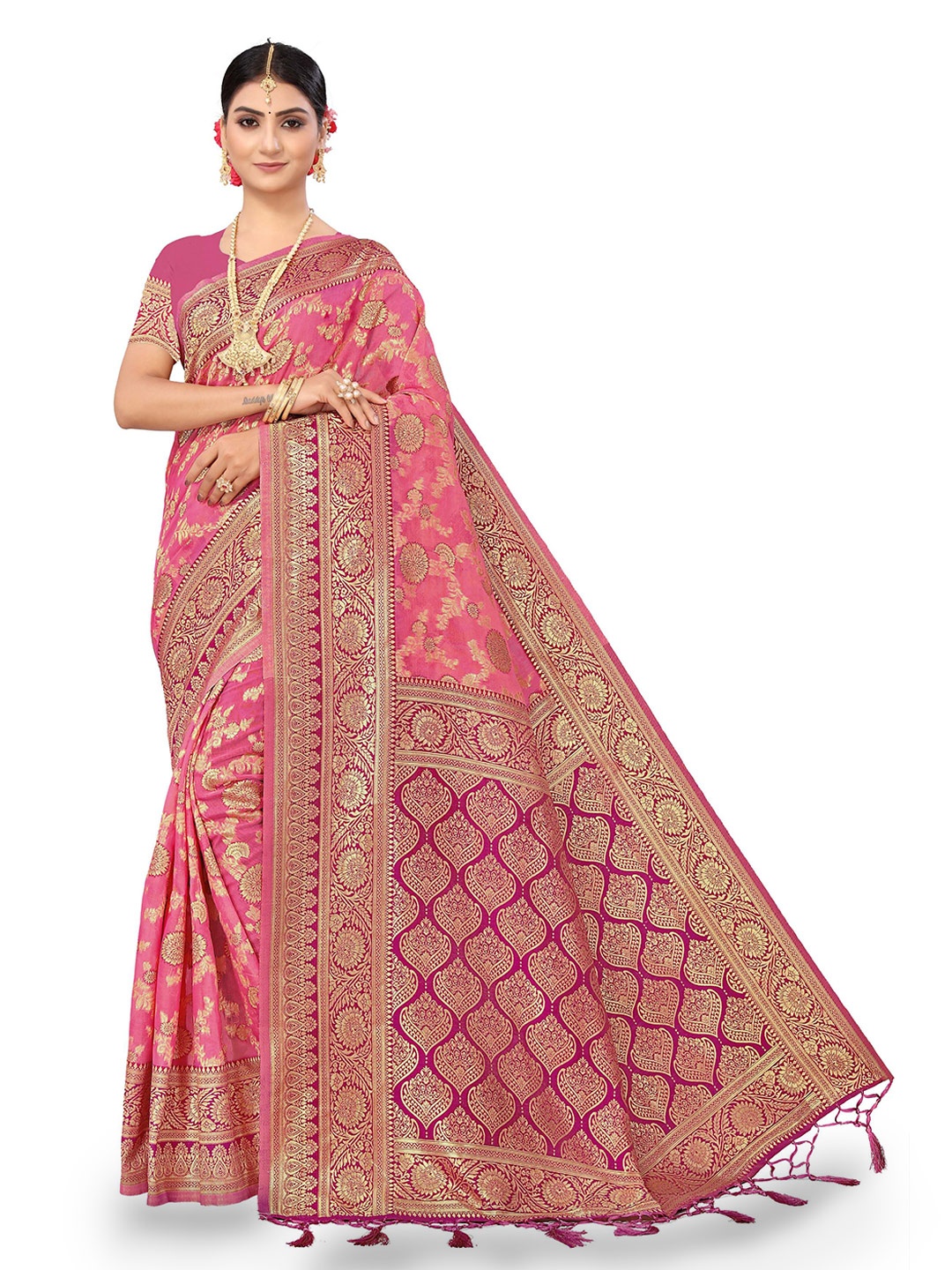 

Maroosh Ethnic Motifs Woven Design Zari Saree, Pink