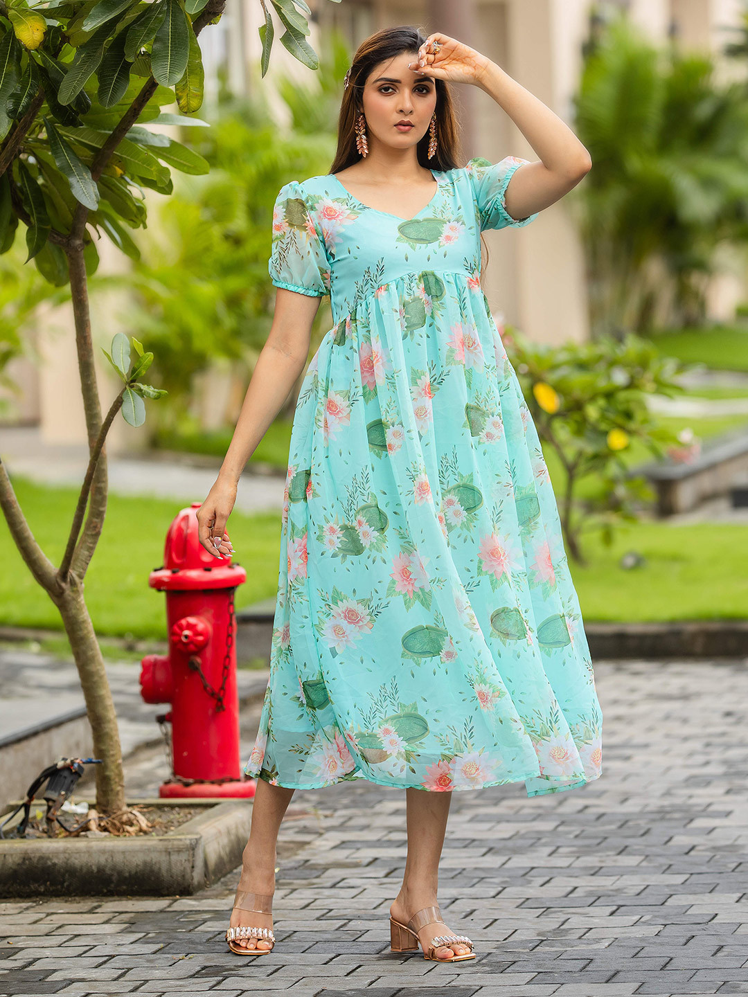 

Rujave Floral Printed Applique Georgette Midi Fit and Flare Dress, Blue