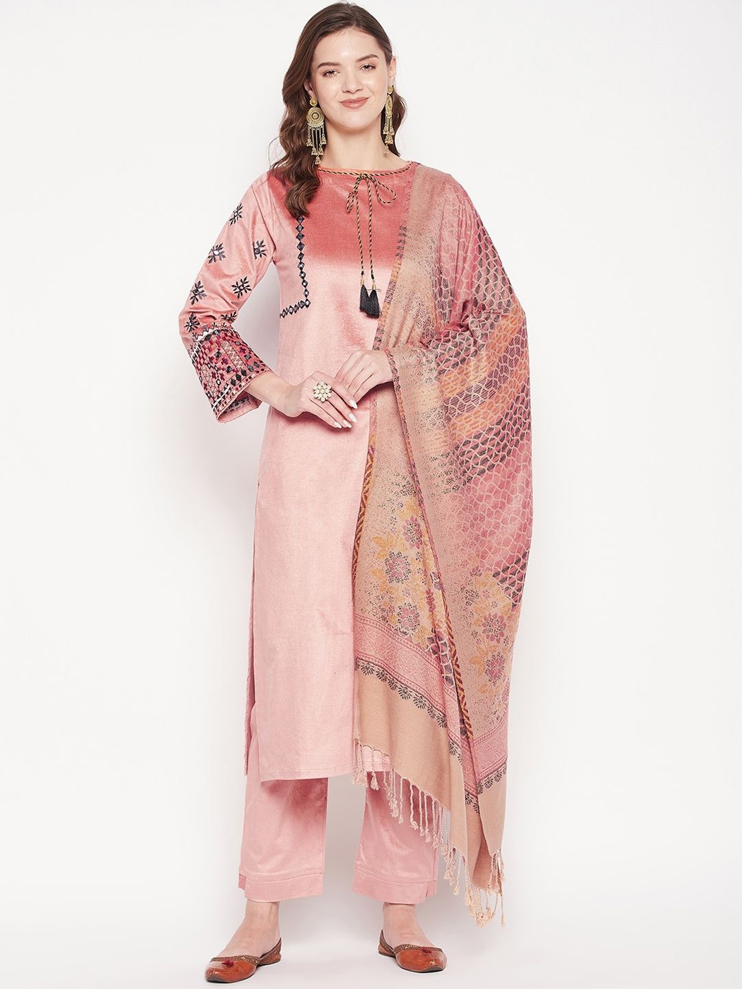 

Zigo Ethnic Motifs Embroidered Regular Pure Wool Straight Kurta with Palazzos & Dupatta, Peach