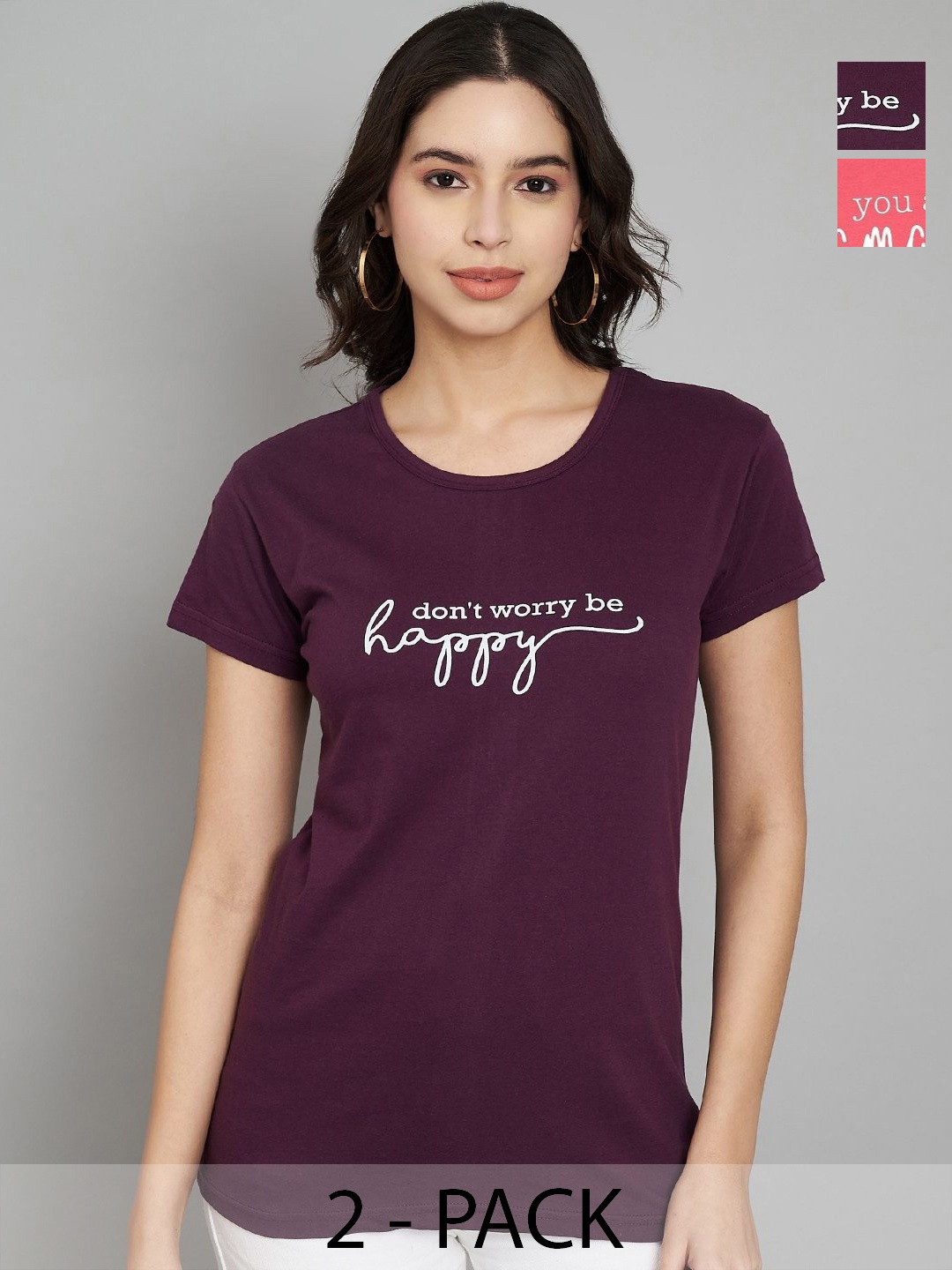 

Trend Level Women Pack Of 2 Typography Printed Round Neck Cotton T-shirts, Coral