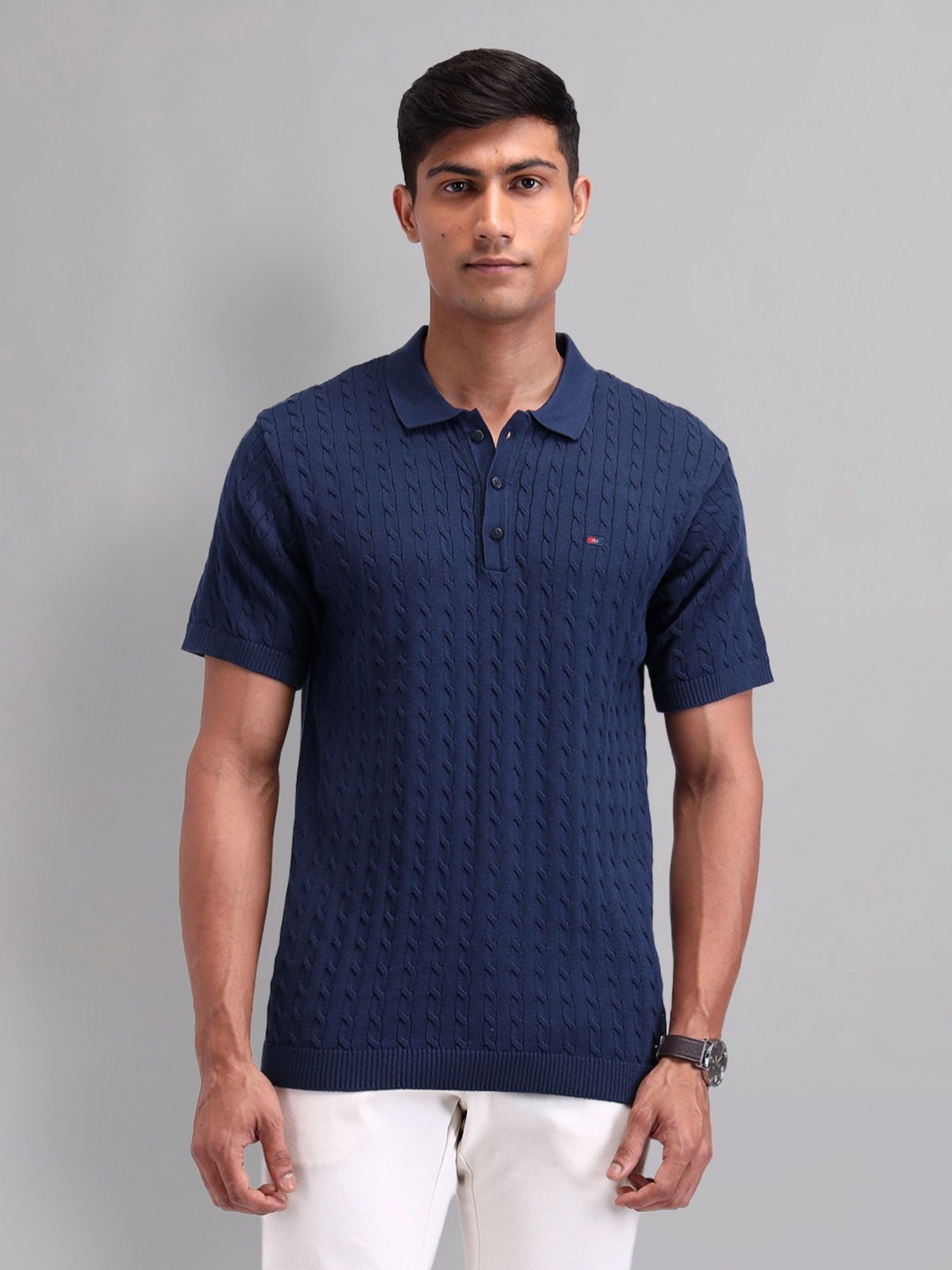 

AD By Arvind Men Self Design Polo Collar Cotton Slim Fit T-shirt, Navy blue