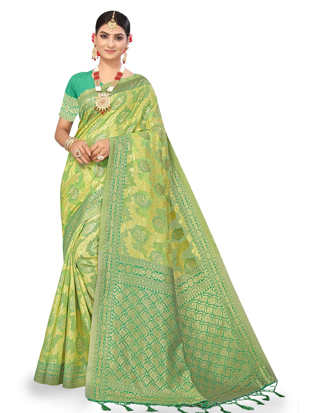 

Maroosh Woven Design Saree With Zari Border, Lime green