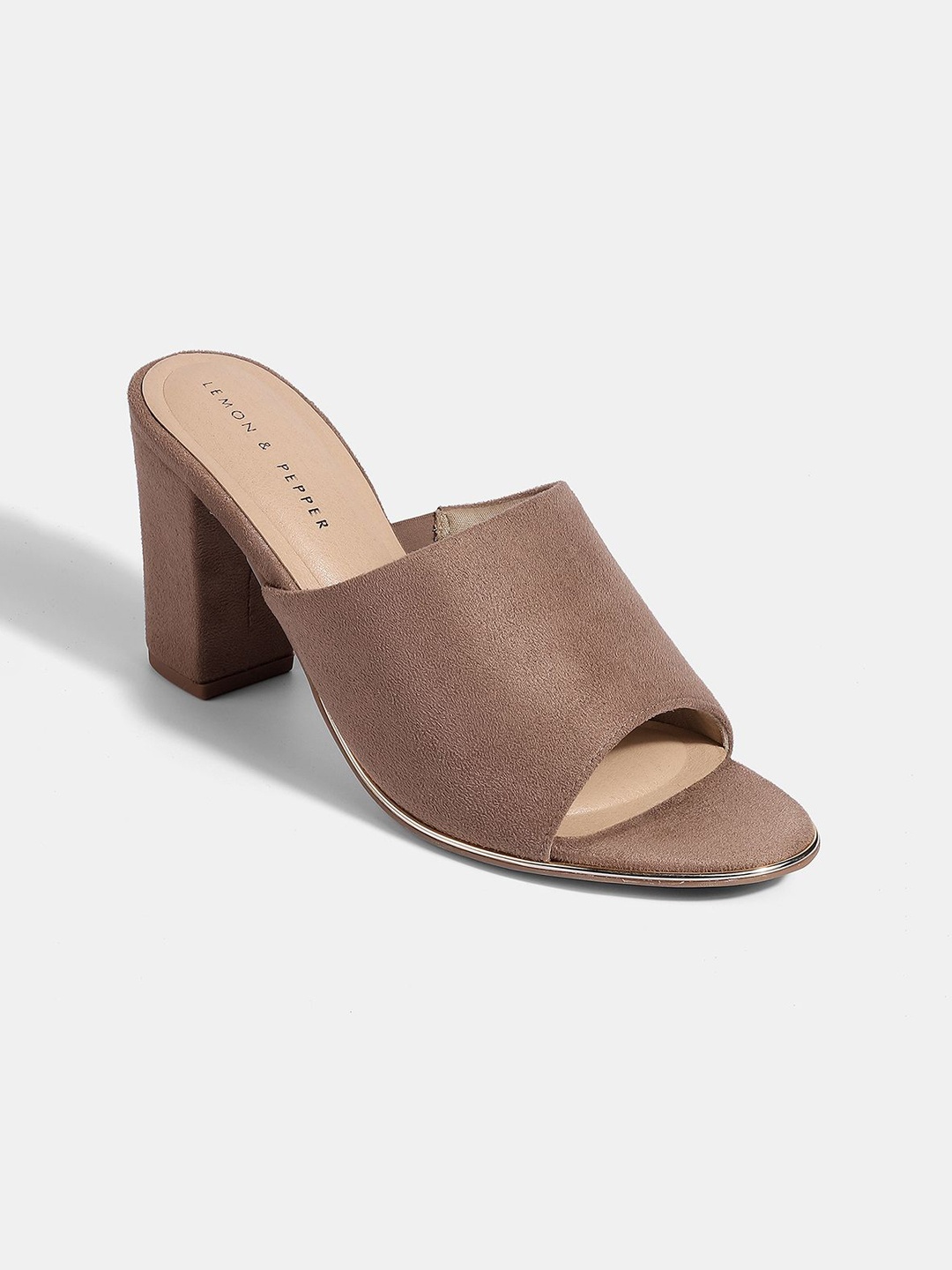 

LEMON & PEPPER Suede Block Mules, Beige