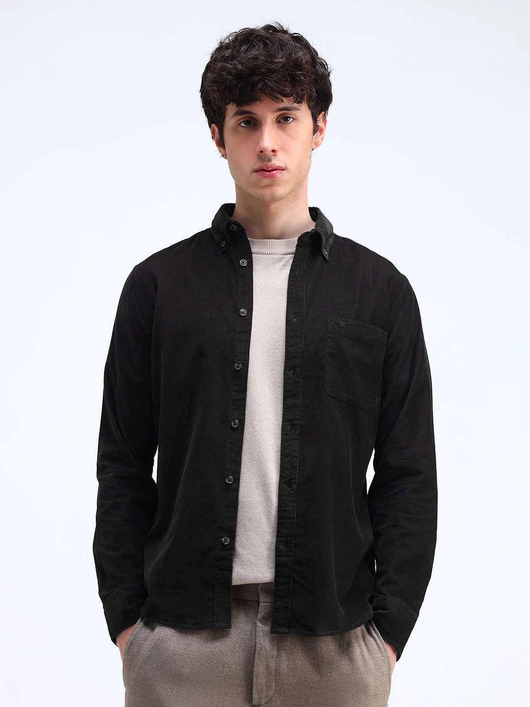 

Flying Machine Men Button-Down Collar Solid Cotton Slim Fit Casual Shirt, Black