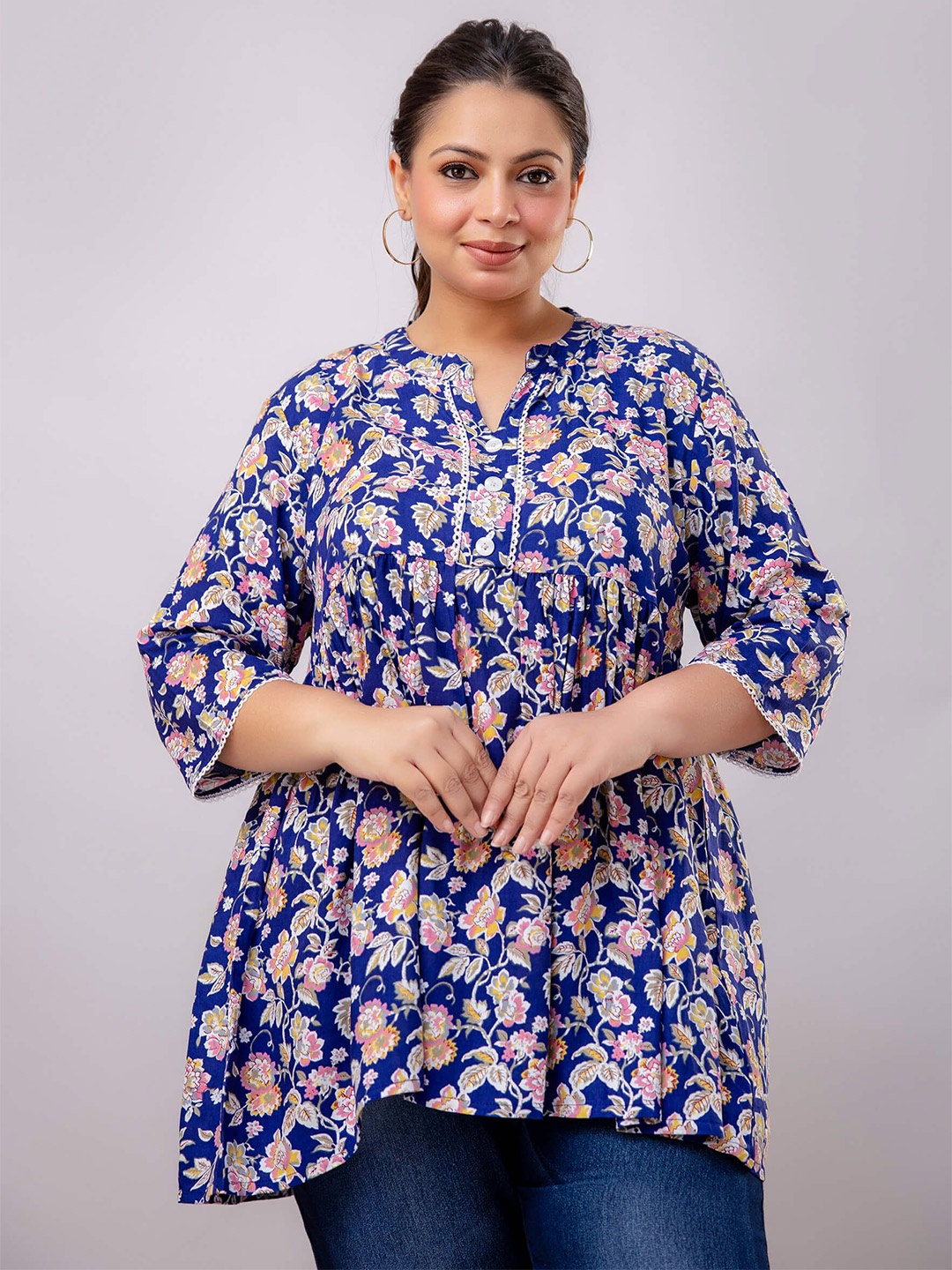 

Fashion Zest Women Plus Size Round Neck Floral Printed Tunic, Blue