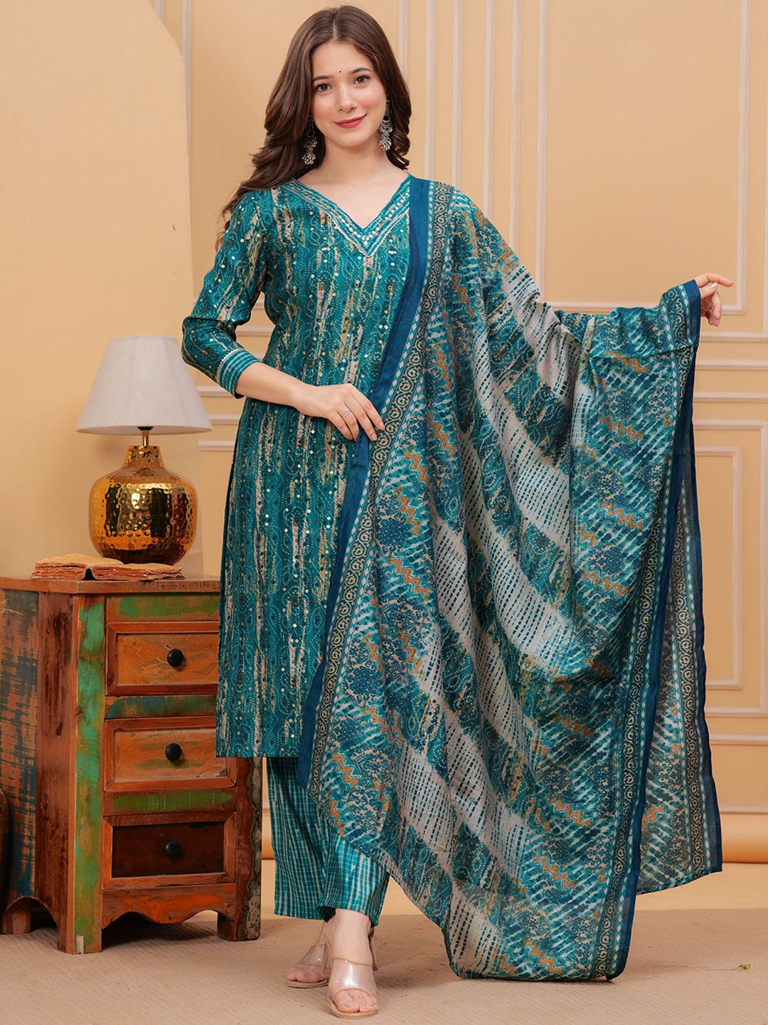 

MILAAV Ethnic Motifs Printed Mirror Work Pure Cotton Straight Kurta with Trouser & Dupatta, Sea green