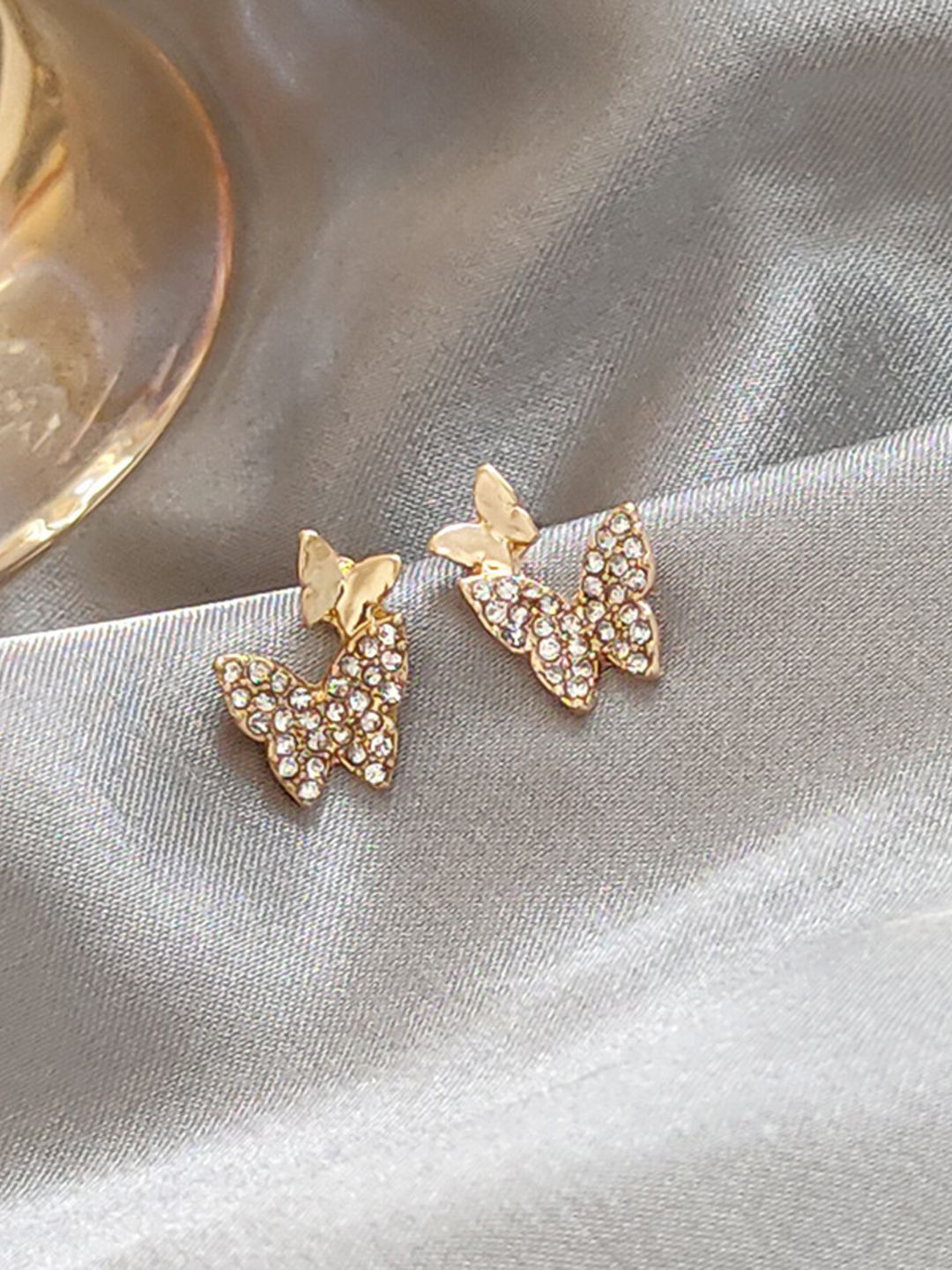 

VAGHBHATT Gold-Plated Stainless Steel Glitter CZ & Crystal Studded Butterfly Shaped Studs