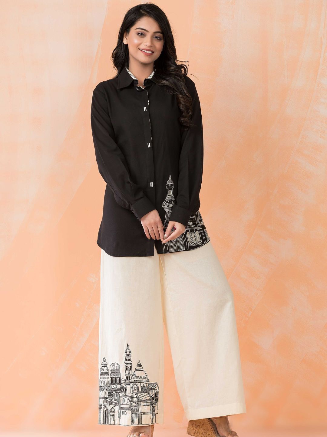 

Zolo Label Conversational Printed Shirt Collar Tunic With Trousers, Black