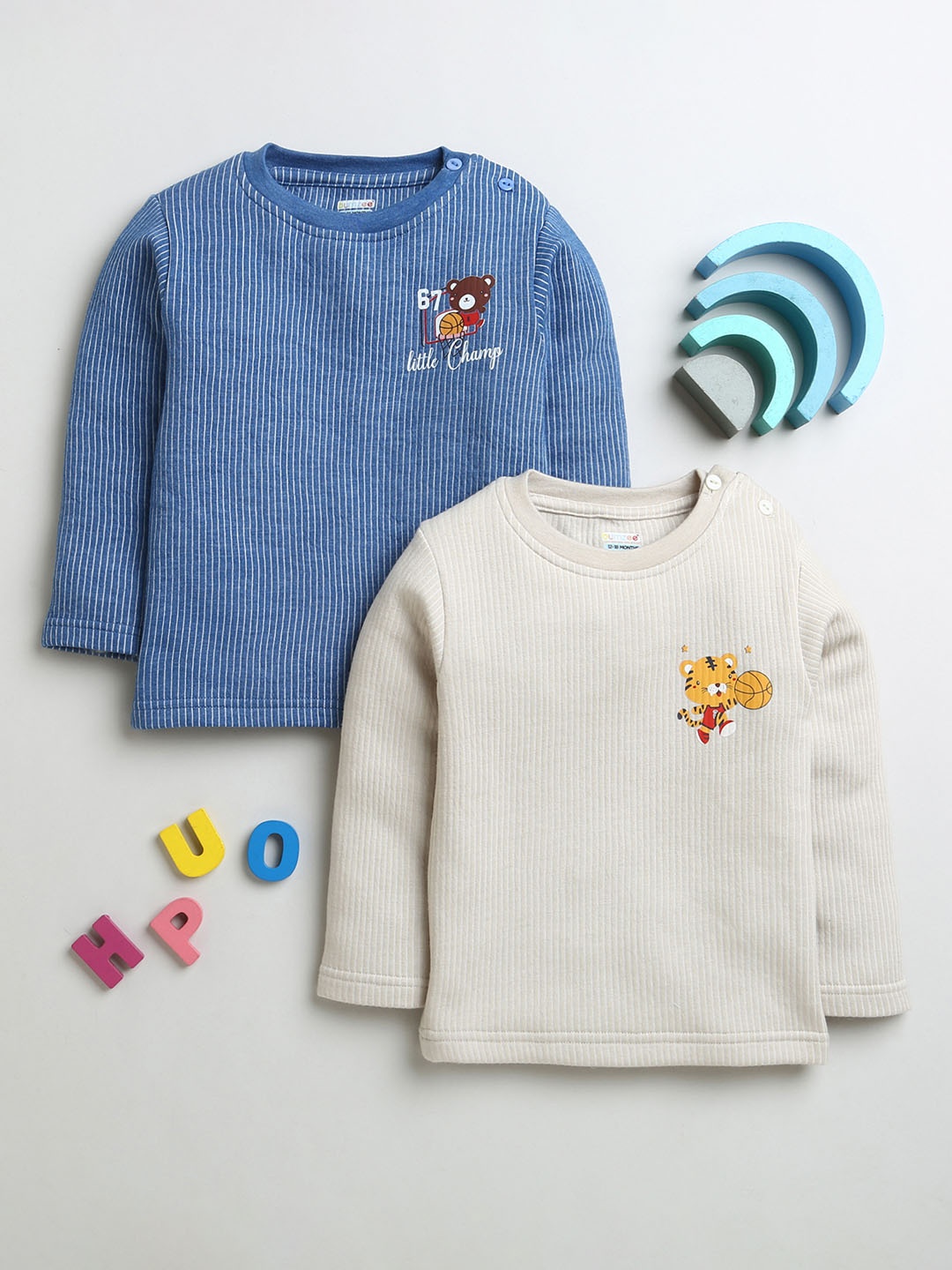 

BUMZEE Pack Of 2 Infants Boys Striped Cotton Thermal Tops, Beige