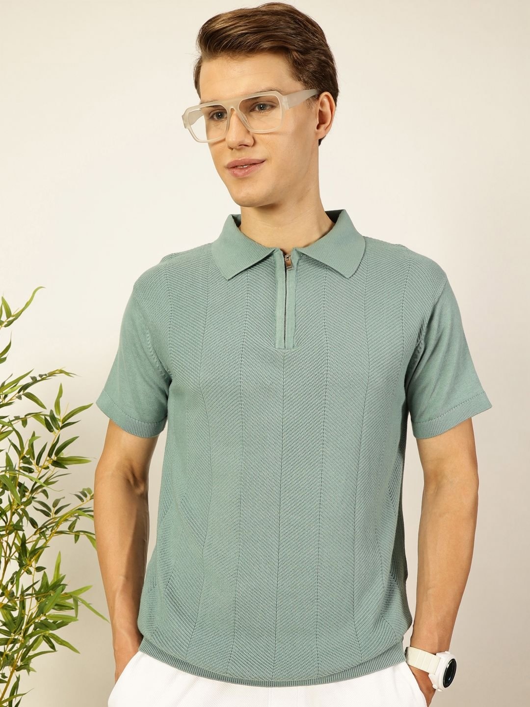 

Thomas Scott Men Bio Finish Self Design Polo Collar Cotton T-shirt, Teal