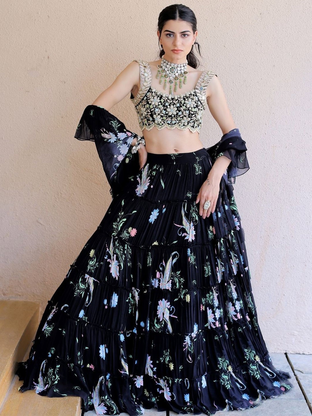 

Foram Patel Women Embellished Ready to Wear Lehenga & Blouse With Dupatta, Black