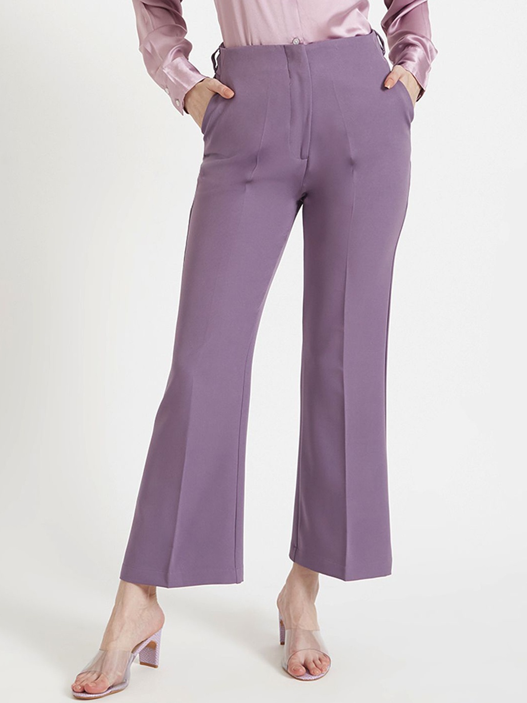 

AMSWAN Women Solid Smart Flared High-Rise Trousers, Purple