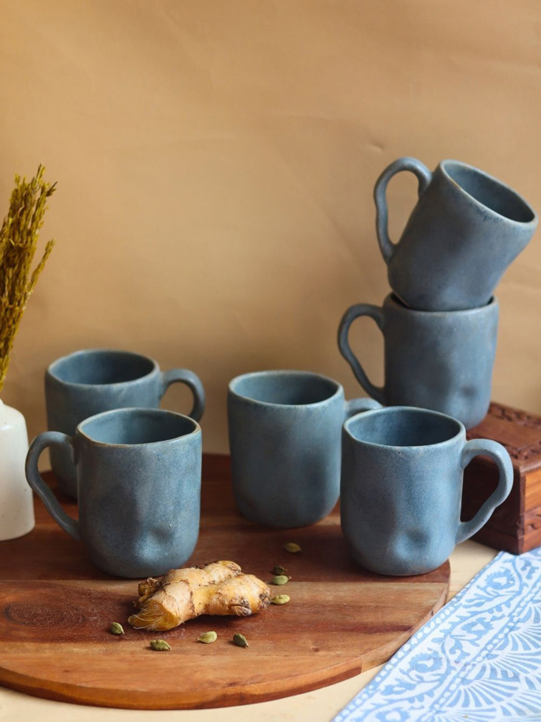 

WEAVING HOMES Blue 6 Pieces Ceramic Glossy Mugs 320 ml