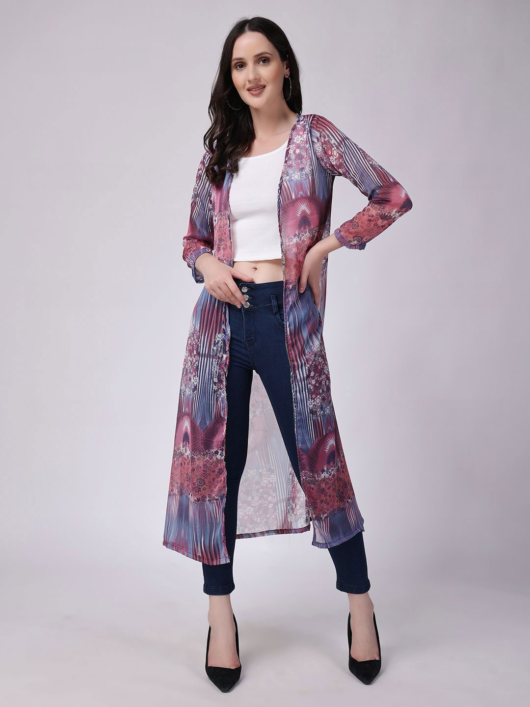 

MINOS Women Printed Longline Shrug, Purple