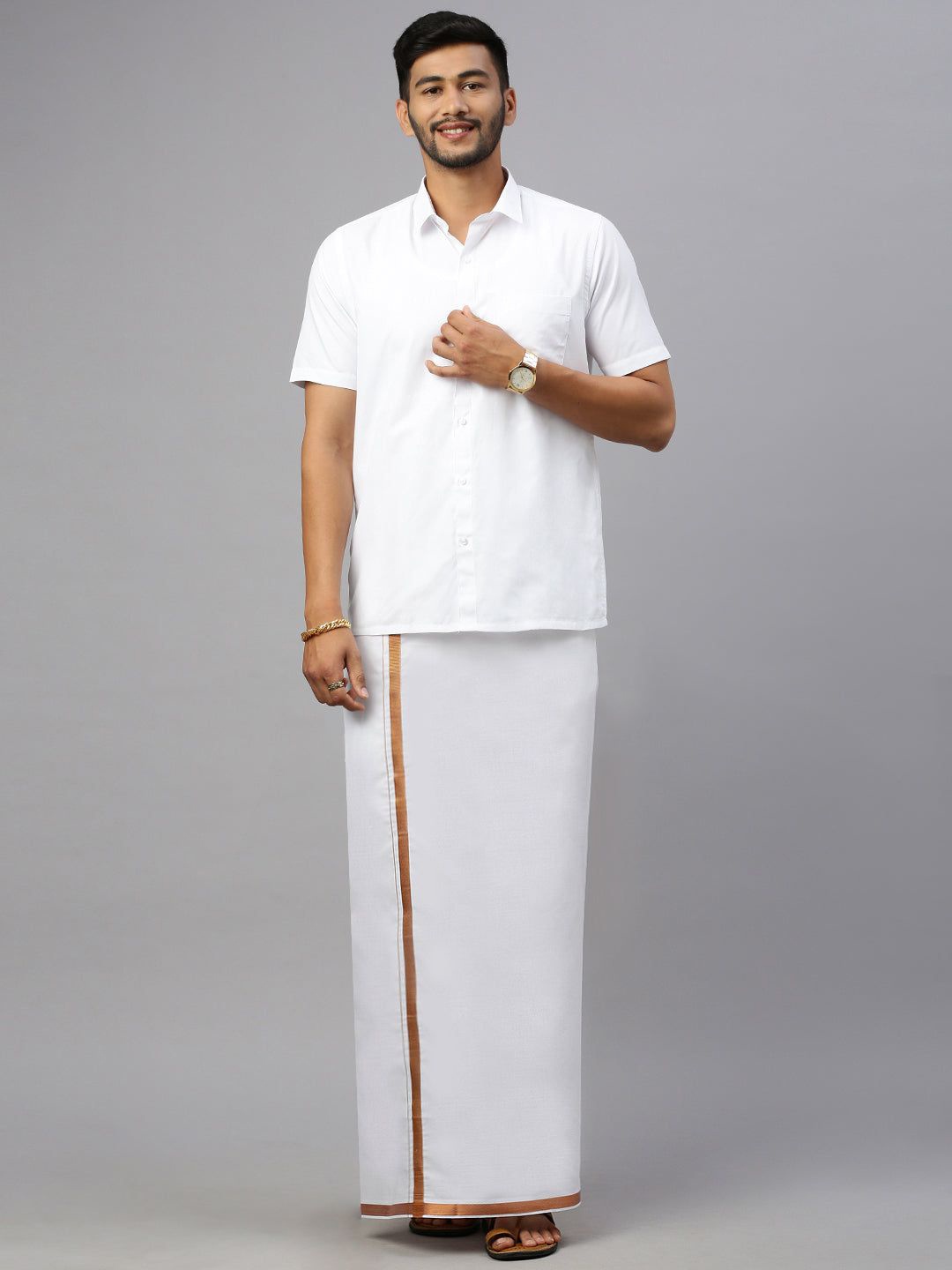 

Ramraj Men Solid Adjustable Dhoti with Border, White