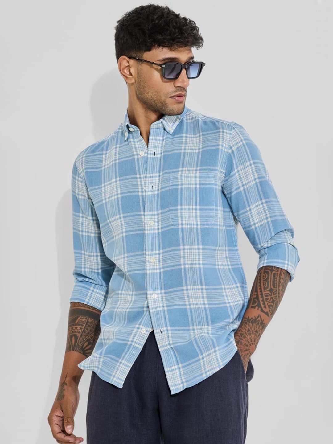 

Snitch Men Smart Button-Down Collar Tartan Checked Linen Casual Shirt, Blue