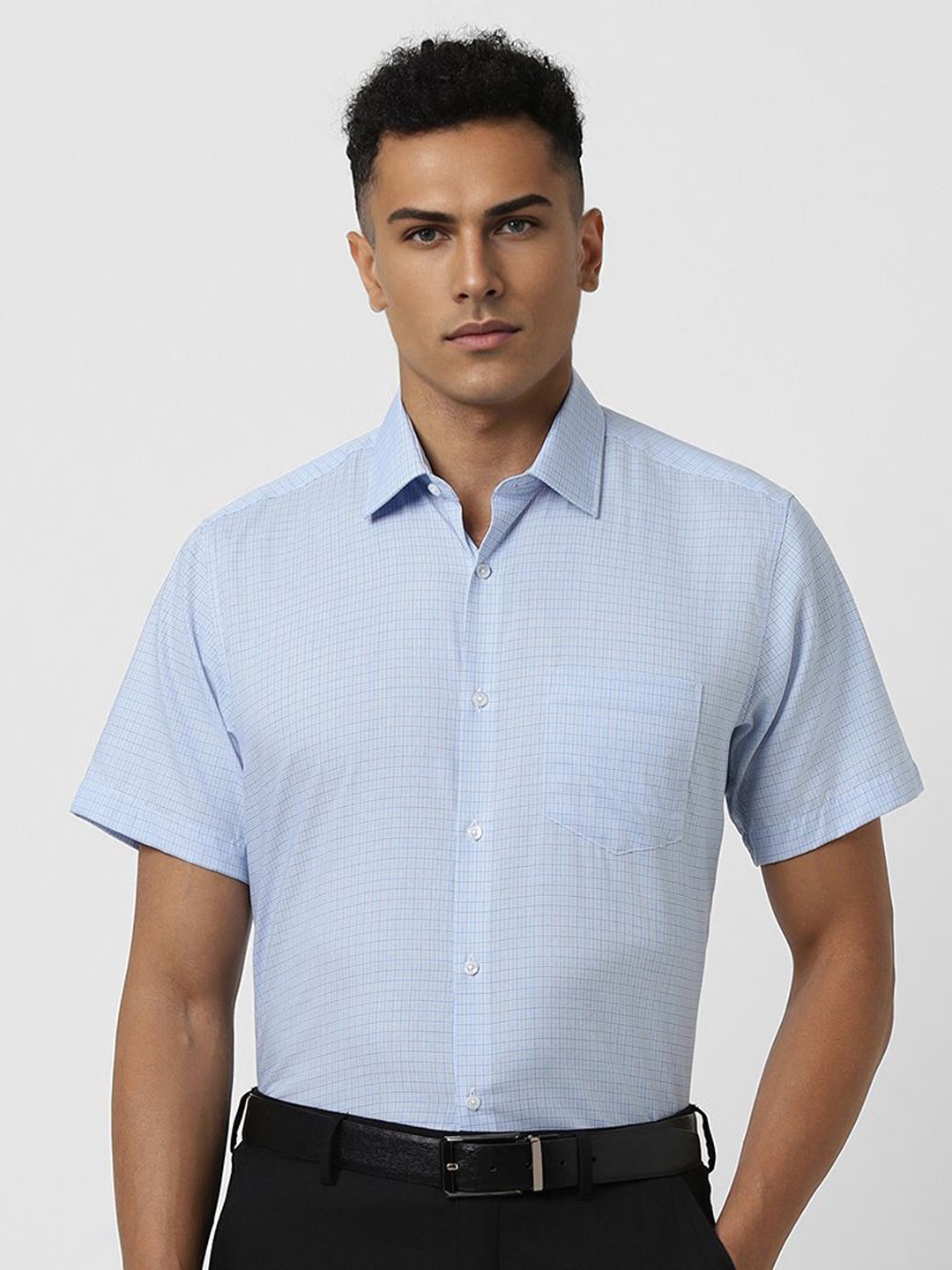 

Van Heusen Men Spread Collar Micro Checked Cotton Slim Fit Formal Shirt, Blue