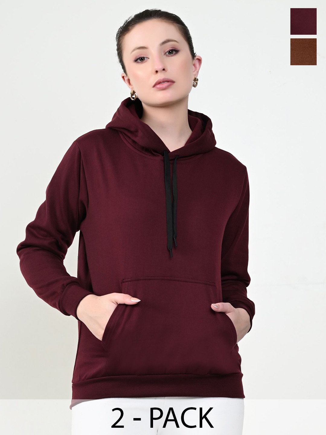 

BAESD Women Pack Of 2 Solid Hood Fleece Pullover Sweatshirts, Burgundy