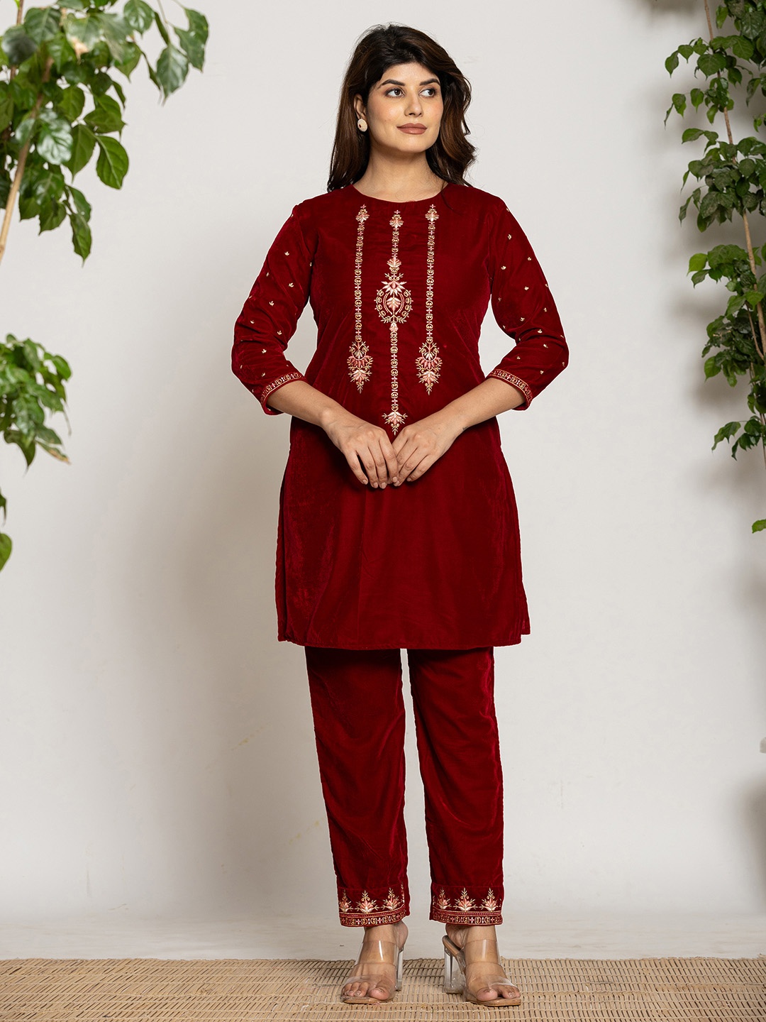 

Yufta Maroon Embroidered Round Neck Three-Quarter Sleeves Top & Trouser