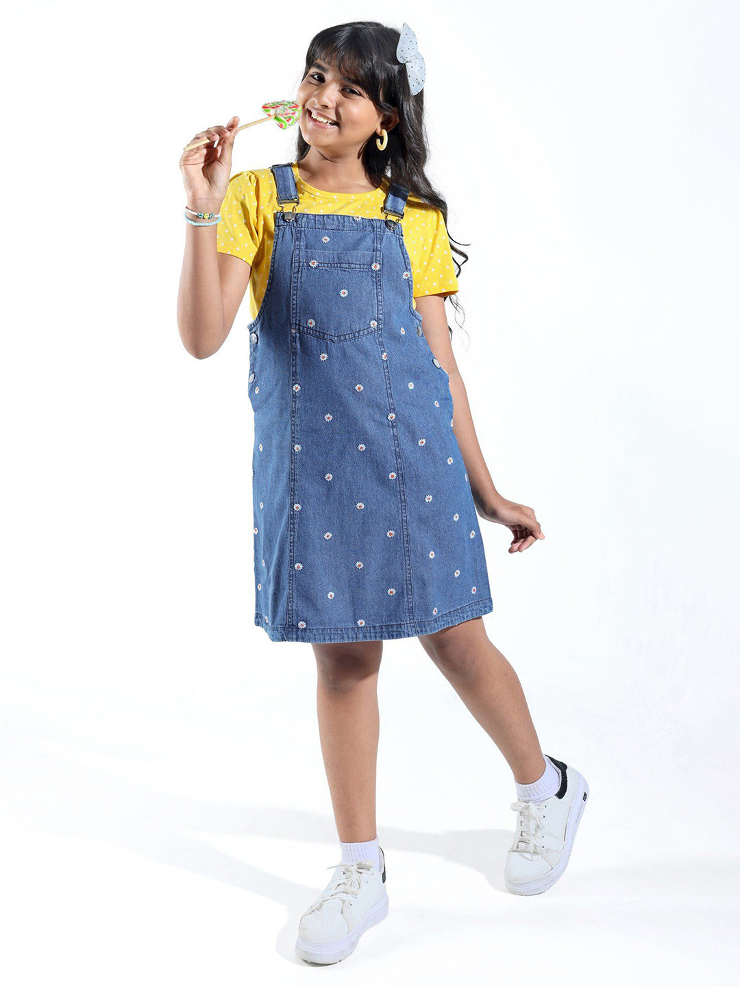 

Hola Bonita Girls Floral Embroidered Denim Pinafore Dress, Blue