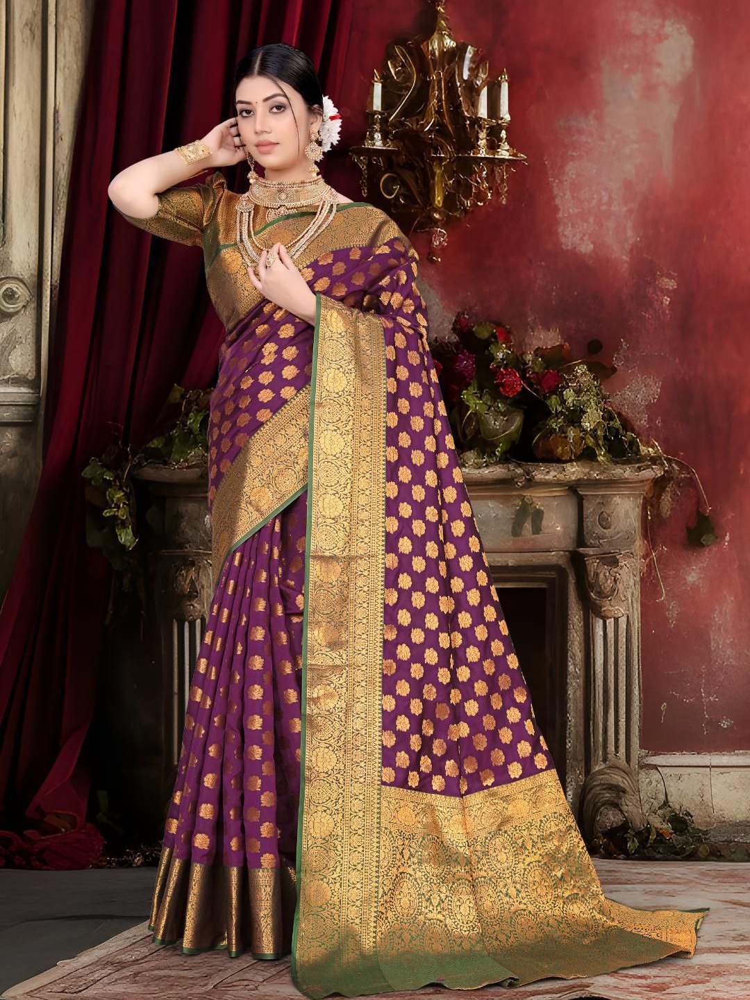 

JAY FASHION Ethnic Motifs Zari Kanjeevaram Saree, Purple